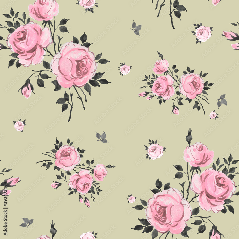  Abstract seamless pattern of beautiful roses with foliage and buds