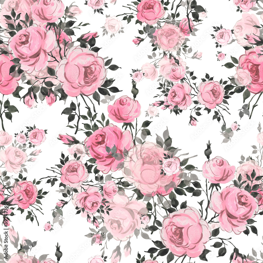  Abstract seamless pattern of beautiful roses with foliage and buds