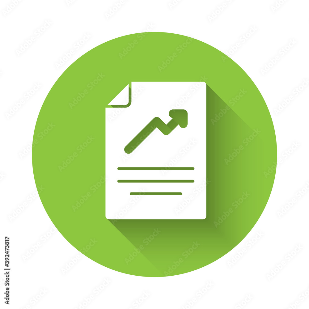 White Document with graph chart icon isolated with long shadow. Report text file icon. Accounting sign. Audit, analysis, planning. Green circle button. Vector. White Document with graph chart icon isolated with long shadow. Report text file icon. Accounting sign. Audit, analysis, planning. Green circle button. Vector.