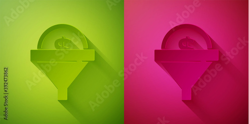 Paper cut Lead management icon isolated on green and pink background. Funnel with money. Target client business concept. Paper art style. Vector.