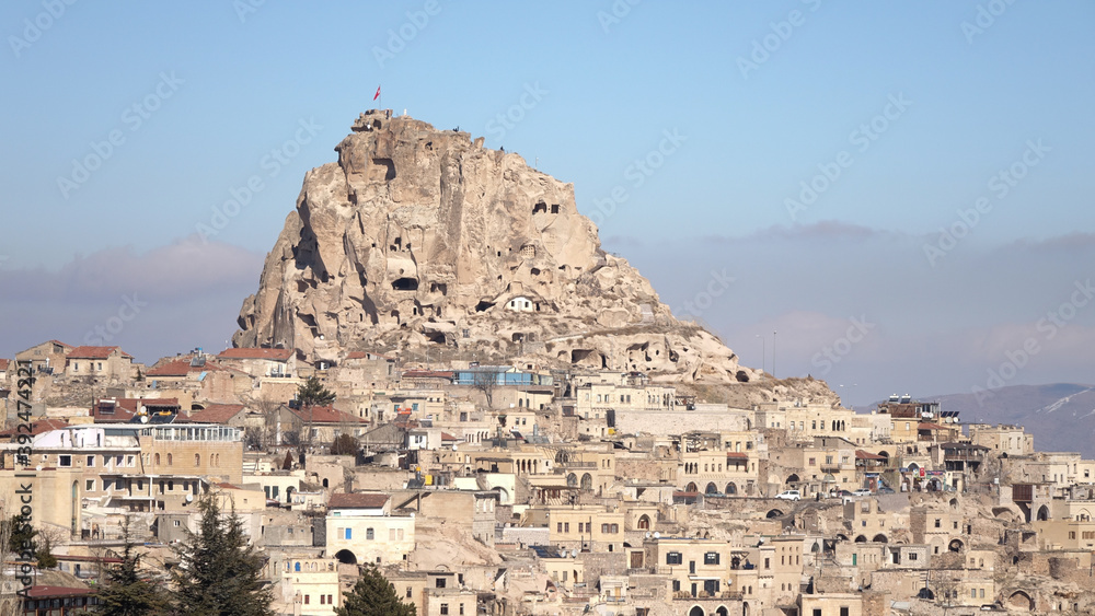 Uchisar Rock Castle in Nevşehir during winter at Cappadocia , Turkey.