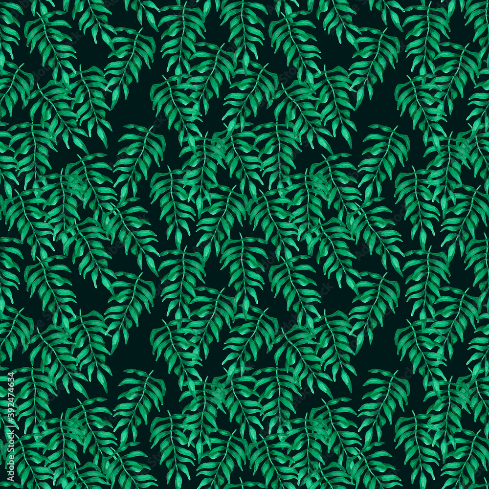 Green branches. Seamless pattern. Abstract watercolor hand drawn elements. Isolated on black. Perfect for printing on the fabric, design package and cover, wrapping paper texture