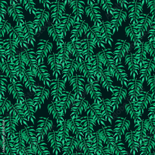 Green branches. Seamless pattern. Abstract watercolor hand drawn elements. Isolated on black. Perfect for printing on the fabric, design package and cover, wrapping paper texture