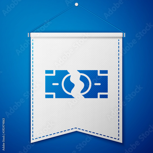 Blue Tearing apart money banknote into two peaces icon isolated on blue background. White pennant template. Vector.