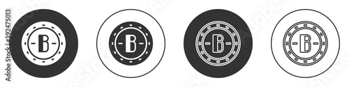Black Cryptocurrency coin Bitcoin icon isolated on white background. Physical bit coin. Blockchain based secure crypto currency. Circle button. Vector.