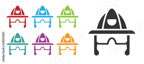 Black Firefighter helmet or fireman hat icon isolated on white background. Set icons colorful. Vector.