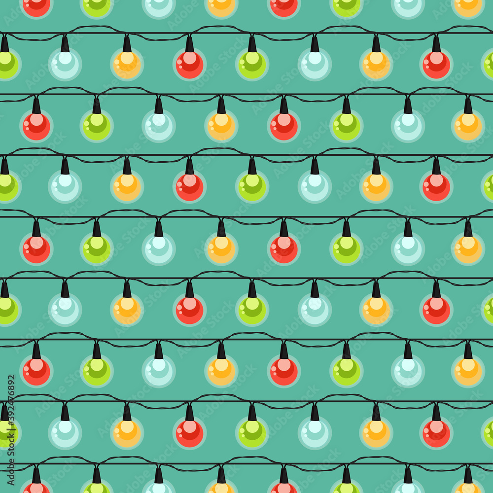 Christmas light bulbs seamless pattern, Colorful xmas garland, Christmas and New Year background