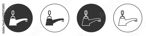 Black Water tap icon isolated on white background. Circle button. Vector.