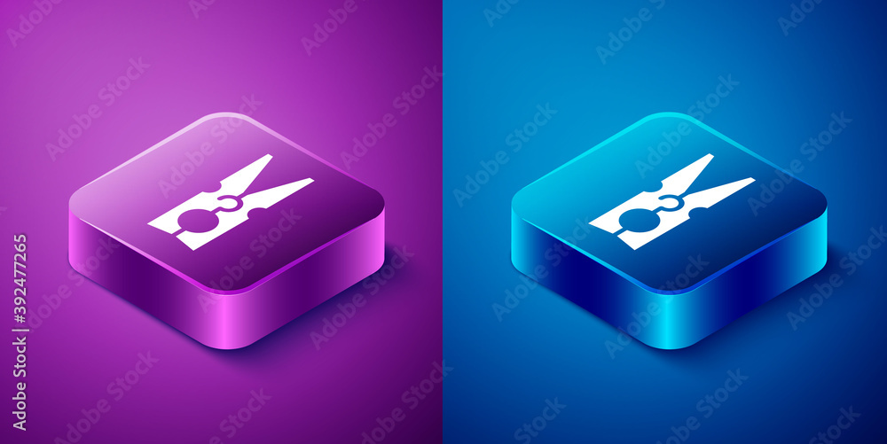 Isometric Old wood clothes pin icon isolated on blue and purple background. Clothes peg. Square button. Vector. Isometric Old wood clothes pin icon isolated on blue and purple background. Clothes peg. Square button. Vector.
