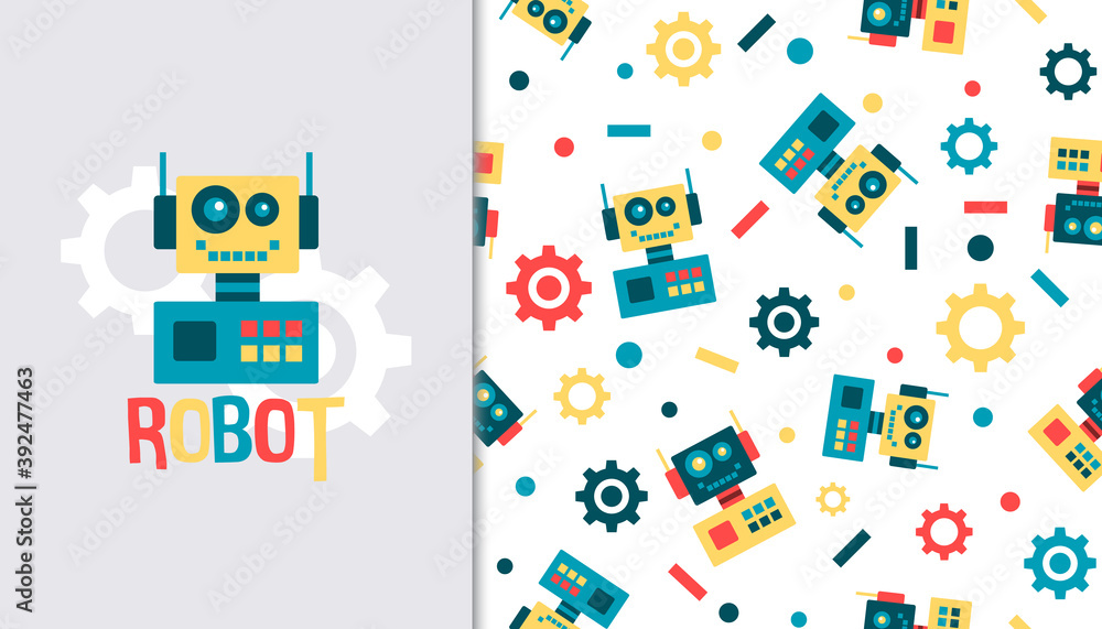 Seamless pattern with Playful Robot Character. Vector Illustration.