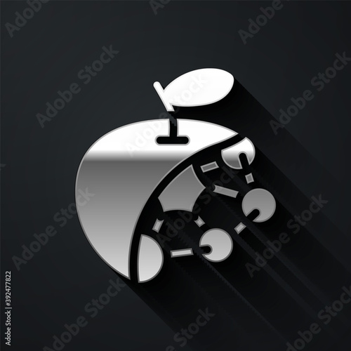 Silver Biological structure icon isolated on black background. Genetically modified organism and food. Long shadow style. Vector.