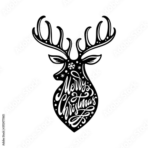 Merry Christmas deer silhouette lettering template. Greeting card invitation with snowflakes. Winter holidays related typographic quote. Vector vintage illustration.