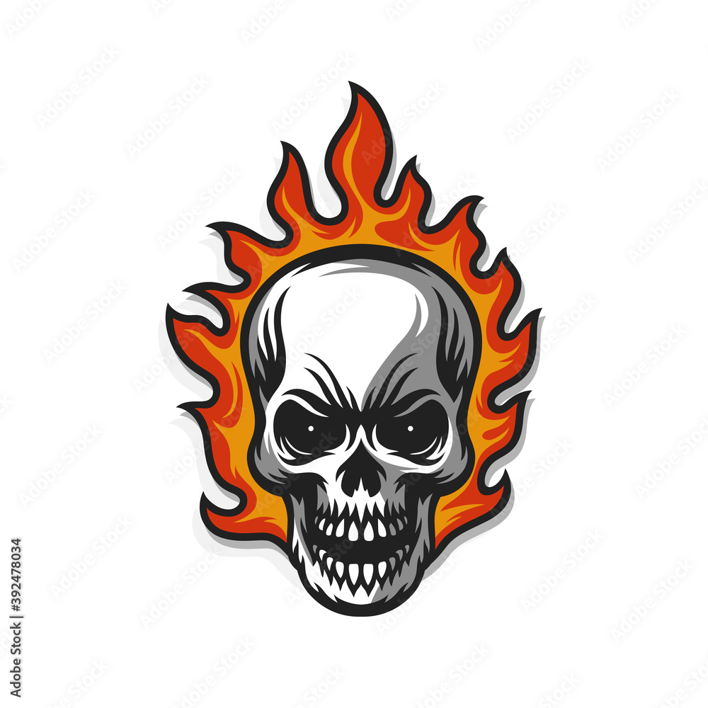 Skull in flame hand drawn emblem. Tattoo or logo template vector illustration.
