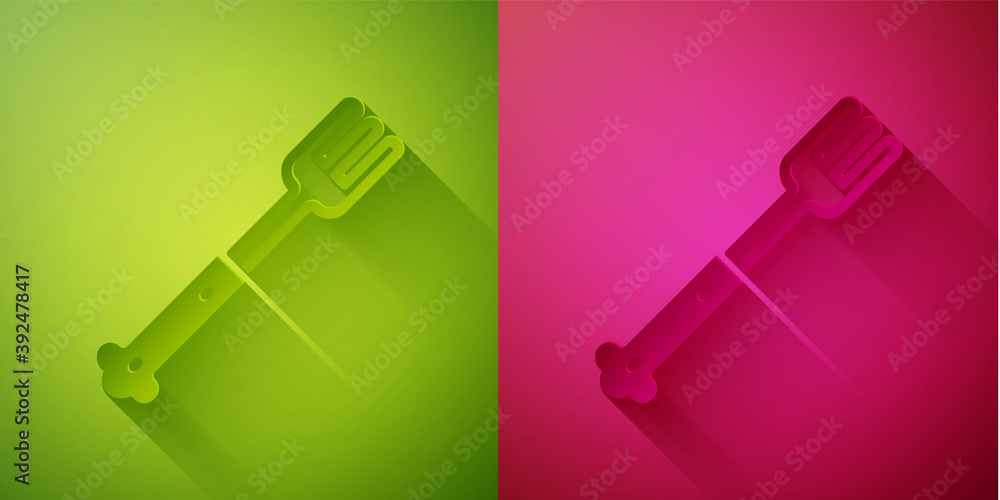 Fototapeta premium Paper cut Fork icon isolated on green and pink background. Cutlery symbol. Paper art style. Vector.