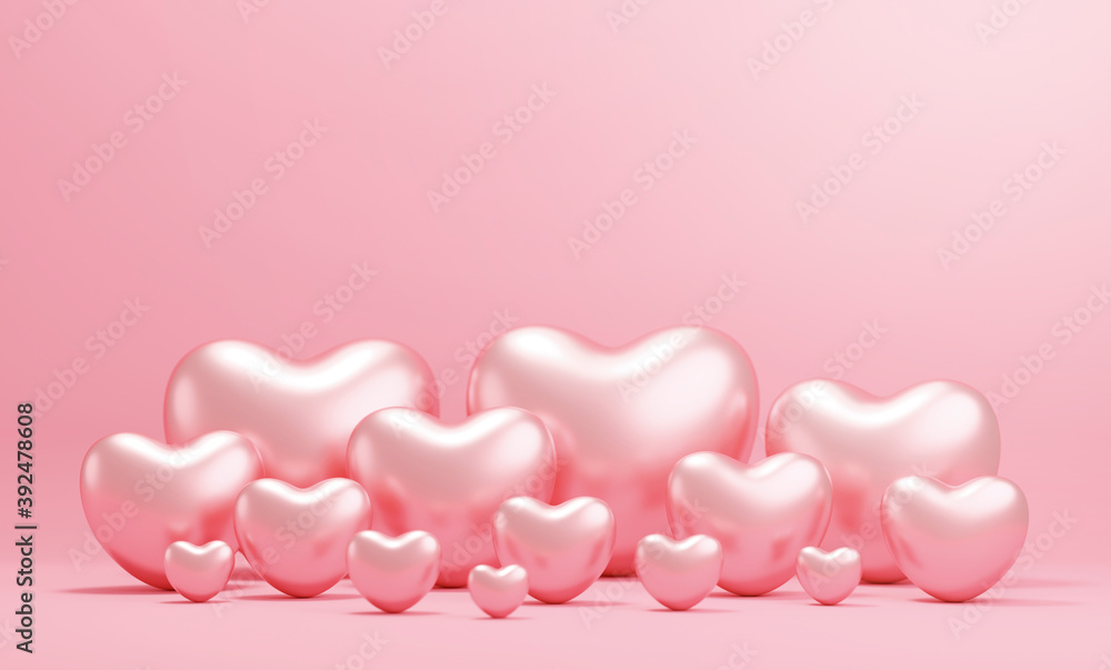 Valentine's day concept design of rose gold hearts on pink paper background with copy space 3d render Valentine's day concept design of rose gold hearts on pink paper background with copy space 3d render