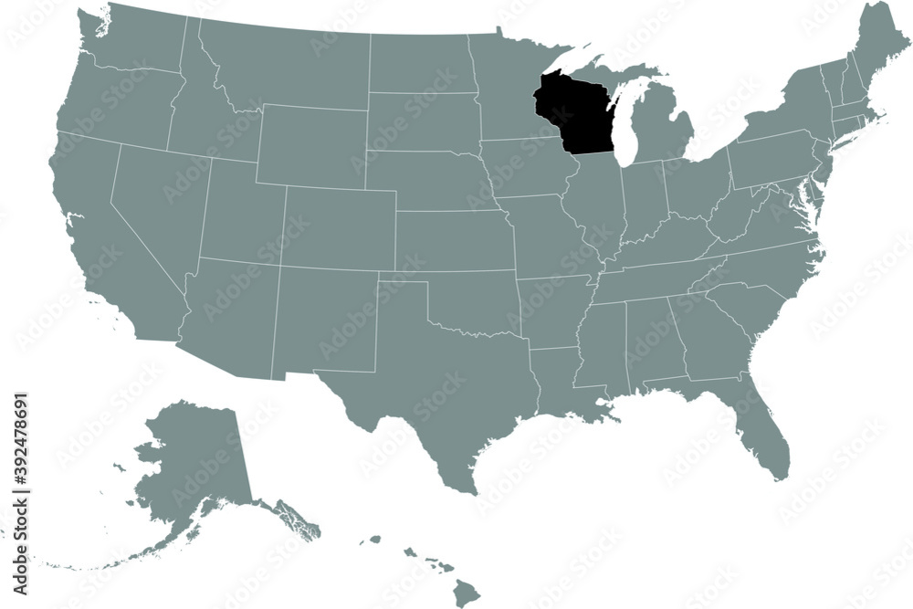 Black location map of US federal state of Wisconsin inside gray map of the United States of America
