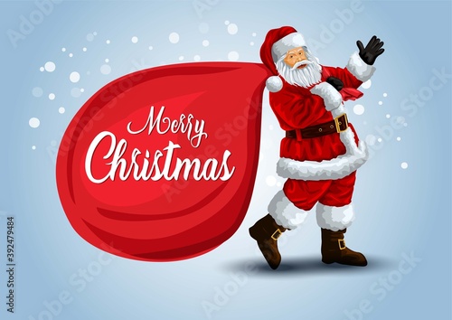 Merry Christmas poster. Santa Claus with big gift bag holding . Vector illustration.