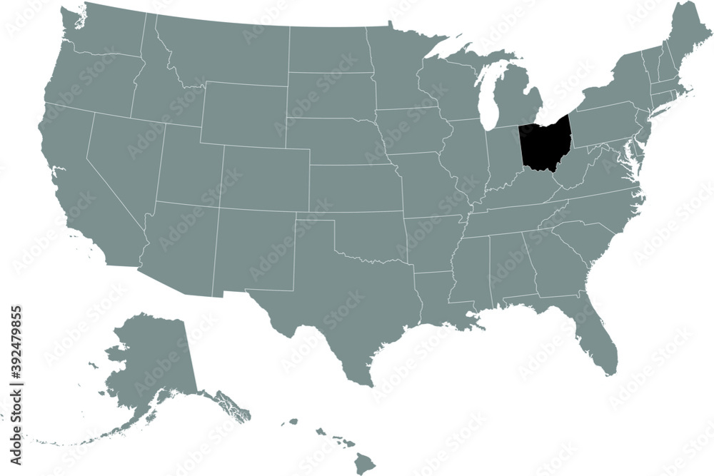 Black location map of US federal state of Ohio inside gray map of the United States of America