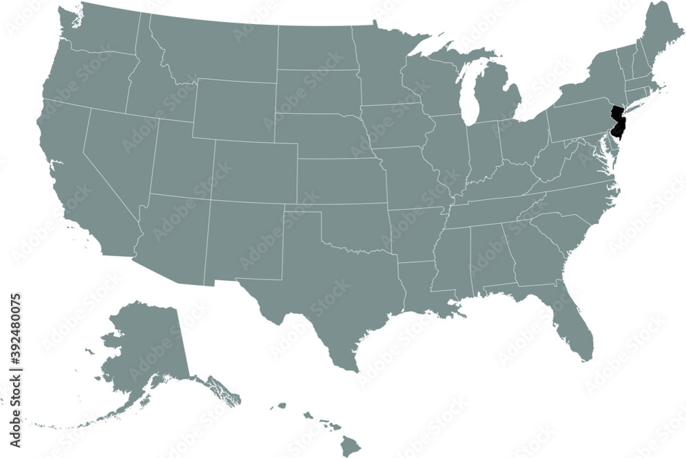 Black location map of US federal state of New Jersey inside gray map of the United States of America