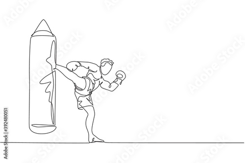 One single line drawing of young energetic man kickboxer practice high kicking with punch bag in boxing arena vector illustration. Healthy lifestyle sport concept. Modern continuous line draw design