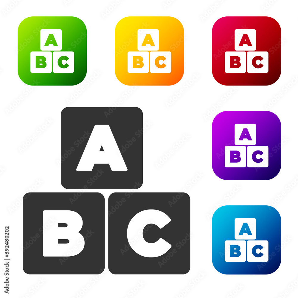 Black ABC blocks icon isolated on white background. Alphabet cubes with letters A,B,C. Set icons in color square buttons. Vector. Black ABC blocks icon isolated on white background. Alphabet cubes with letters A,B,C. Set icons in color square buttons. Vector.