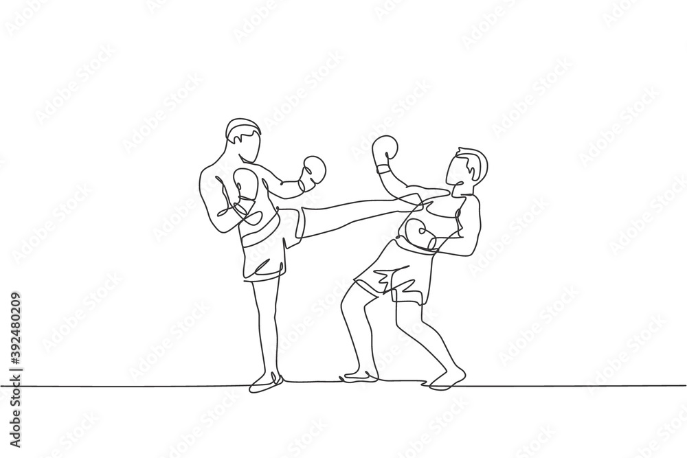 Single continuous line drawing of young sportive man kickboxer fighting for champion title in sport hall. Fight competition kickboxing sport concept. Trendy one line draw design vector illustration Single continuous line drawing of young sportive man kickboxer fighting for champion title in sport hall. Fight competition kickboxing sport concept. Trendy one line draw design vector illustration