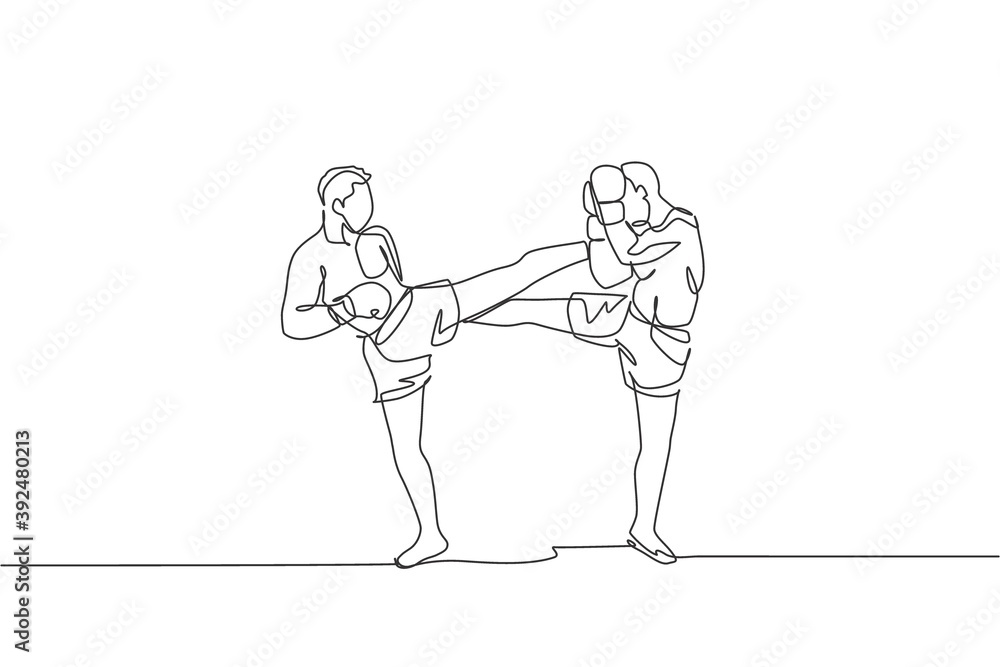 One continuous line drawing of young sporty man kickboxer athlete fight seriously at the national competition. Combative kickboxing sport concept. Dynamic single line draw design vector illustration