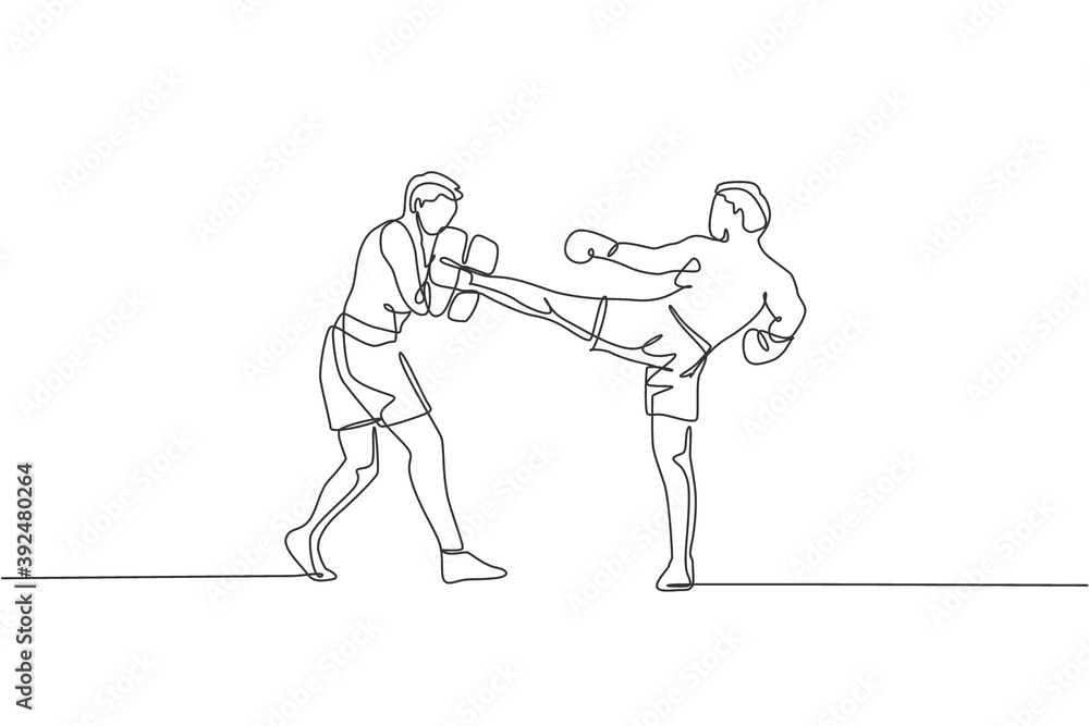 Single continuous line drawing of young sportive man kickboxer exercise with personal trainer in sport hall. Fight competition kickboxing sport concept. Trendy one line draw design vector illustration