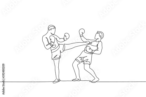 Single continuous line drawing of young sportive man kickboxer fighting for champion title in sport hall. Fight competition kickboxing sport concept. Trendy one line draw design vector illustration