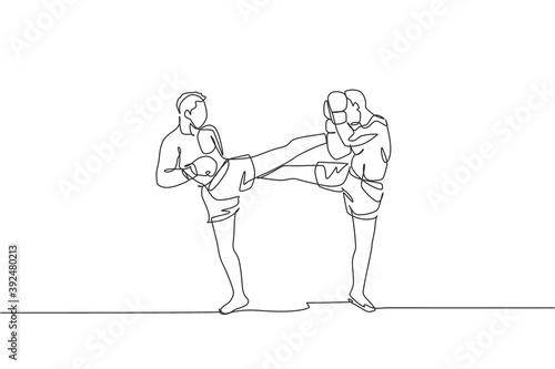 One continuous line drawing of young sporty man kickboxer athlete fight seriously at the national competition. Combative kickboxing sport concept. Dynamic single line draw design vector illustration