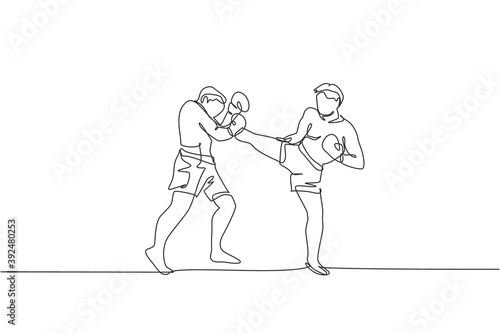 One single line drawing of young energetic man kickboxer practice with personal trainer in boxing arena vector graphic illustration. Healthy lifestyle sport concept. Modern continuous line draw design