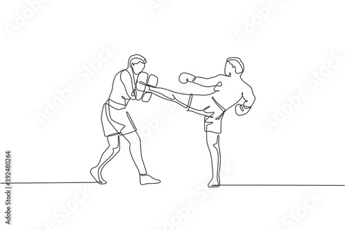Single continuous line drawing of young sportive man kickboxer exercise with personal trainer in sport hall. Fight competition kickboxing sport concept. Trendy one line draw design vector illustration