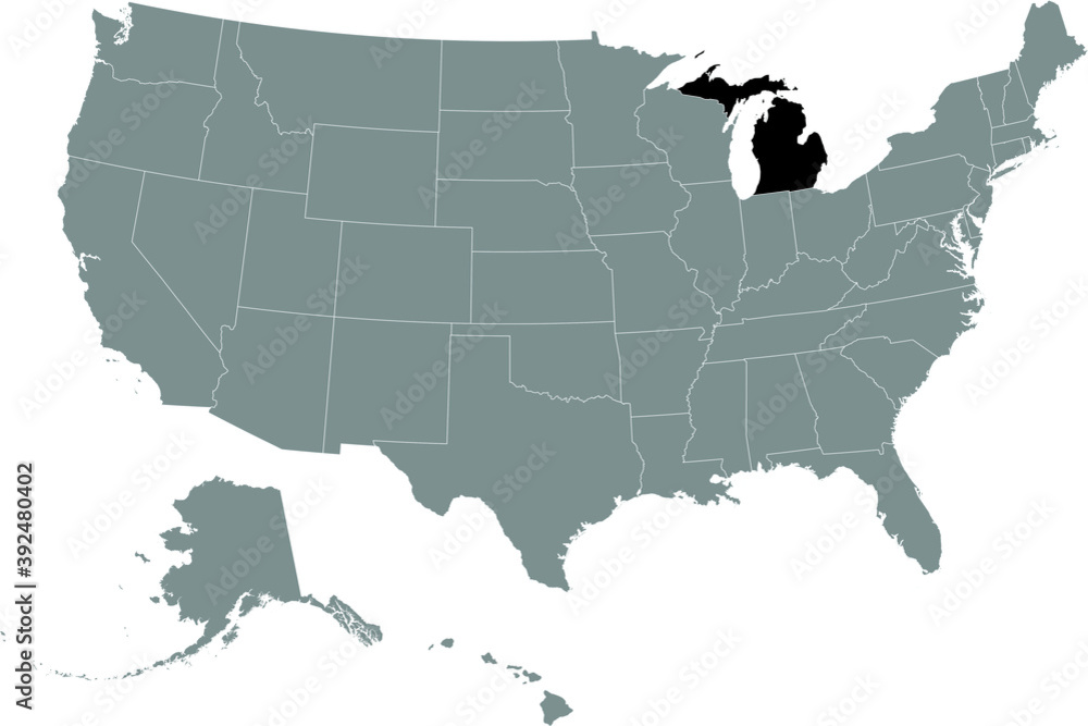 Black location map of US federal state of Michigan inside gray map of the United States of America
