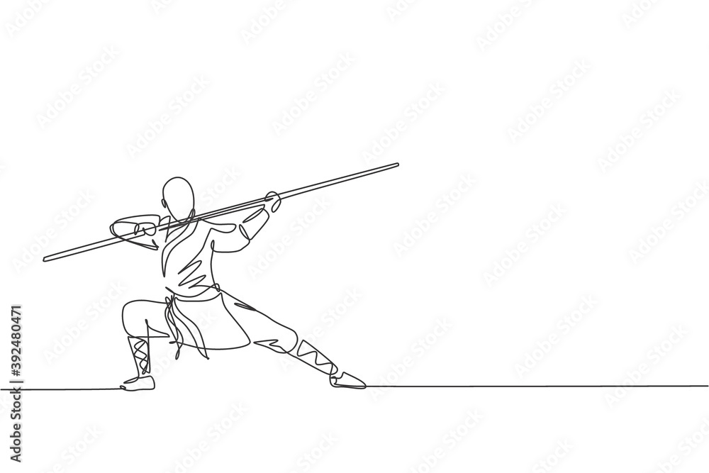 One single line drawing of young energetic shaolin monk man exercise kung fu fighting with stick at temple vector illustration. Ancient Chinese martial art sport concept. Continuous line draw design One single line drawing of young energetic shaolin monk man exercise kung fu fighting with stick at temple vector illustration. Ancient Chinese martial art sport concept. Continuous line draw design