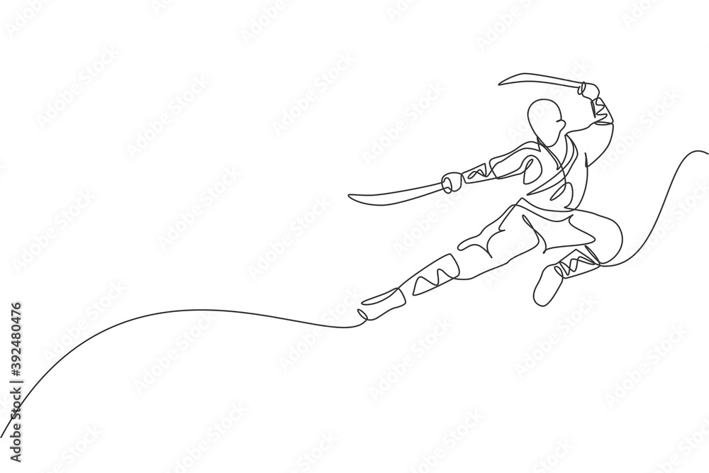 Single continuous line drawing of young muscular shaolin monk man holding sword and train