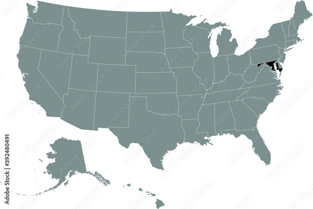 Black location map of US federal state of Maryland inside gray map of the United States of America