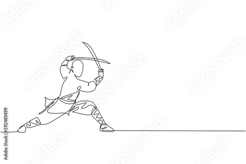 Single continuous line drawing of young muscular shaolin monk man holding sword train at shaolin temple. Traditional Chinese kung fu fight concept. Trendy one line draw design vector illustration
