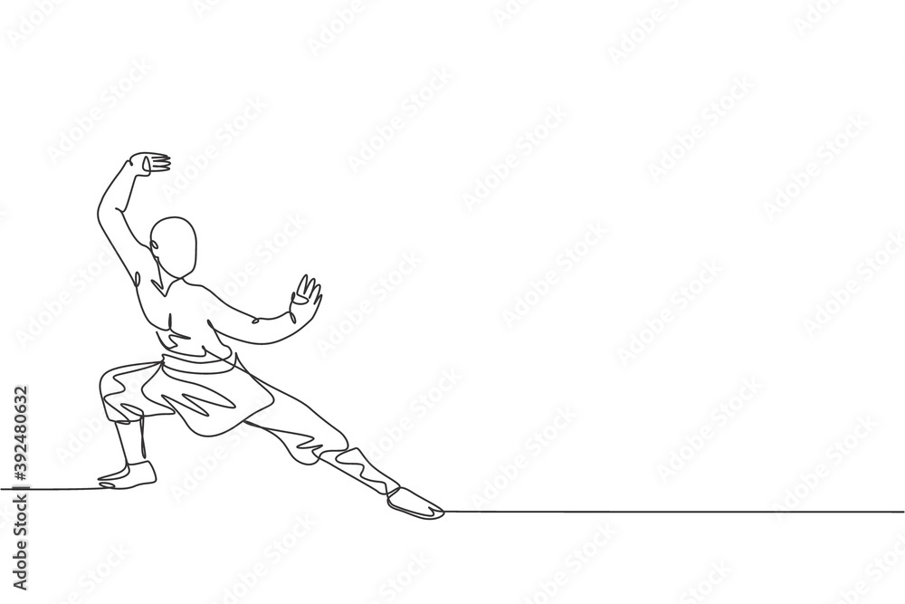 One continuous line drawing of young shaolin monk man practice kung fu style at temple ground . Traditional Chinese combative sport concept. Dynamic single line draw design graphic vector illustration One continuous line drawing of young shaolin monk man practice kung fu style at temple ground . Traditional Chinese combative sport concept. Dynamic single line draw design graphic vector illustration