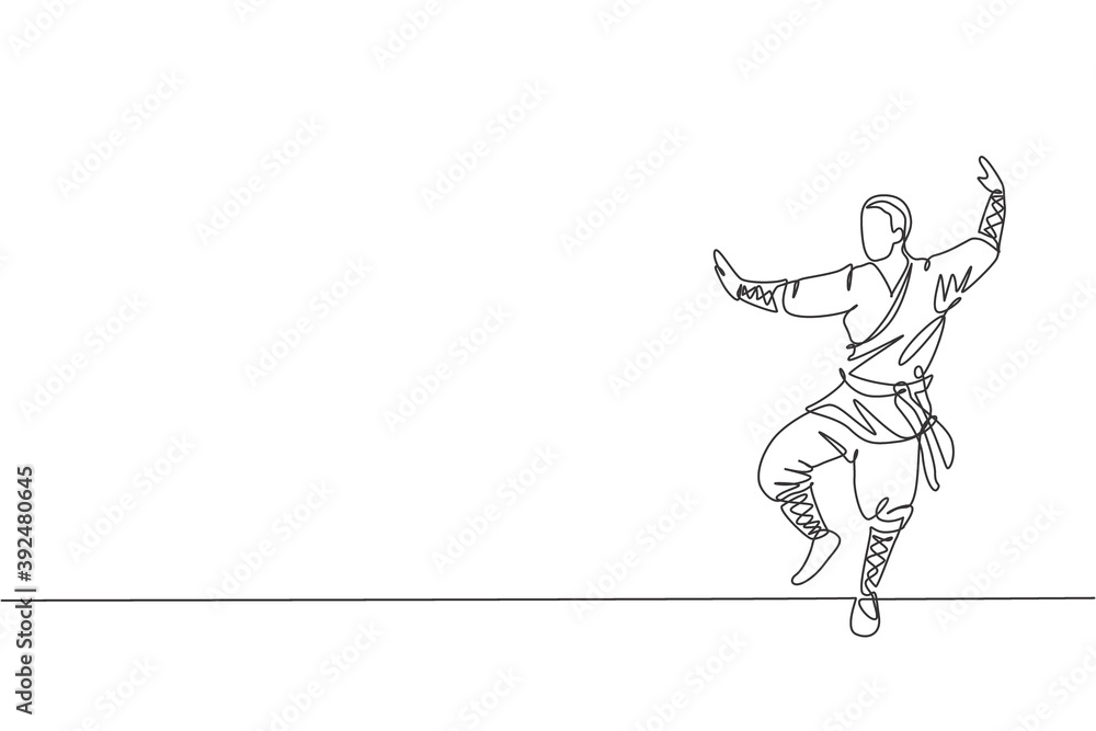 One single line drawing young energetic shaolin monk man exercise kung fu fighting at temple vector graphic illustration. Ancient Chinese martial art sport concept. Modern continuous line draw design