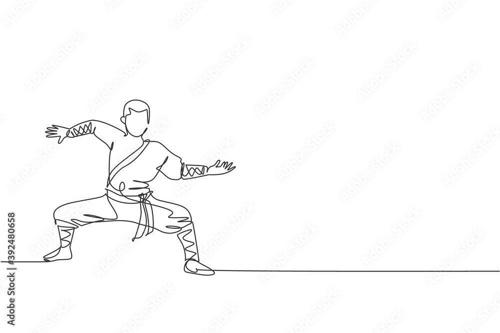 One continuous line drawing of young shaolin monk man practice kung fu style at temple ground . Traditional Chinese combative sport concept. Dynamic single line draw design vector graphic illustration One continuous line drawing of young shaolin monk man practice kung fu style at temple ground . Traditional Chinese combative sport concept. Dynamic single line draw design vector graphic illustration