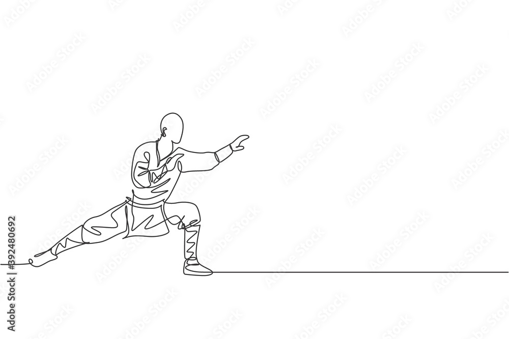 One continuous line drawing of young shaolin monk man practice kung fu style at temple ground . Traditional Chinese combative sport concept. Dynamic single line draw design graphic vector illustration One continuous line drawing of young shaolin monk man practice kung fu style at temple ground . Traditional Chinese combative sport concept. Dynamic single line draw design graphic vector illustration