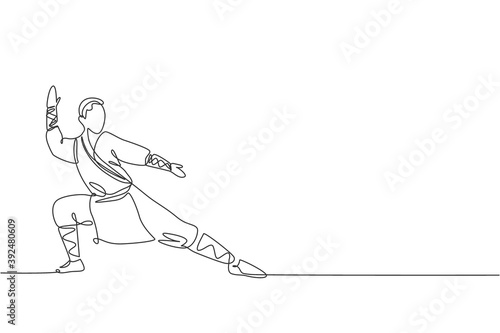 One single line drawing young energetic shaolin monk man exercise kung fu fighting at temple vector graphic illustration. Ancient Chinese martial art sport concept. Modern continuous line draw design