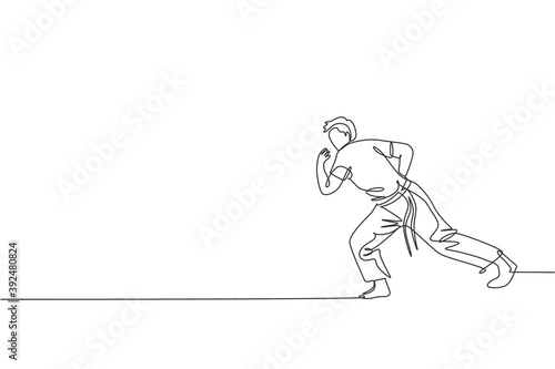 One continuous line drawing of young sporty Brazilian fighter man training capoeira on the beach. Healthy traditional fighting sport concept. Dynamic single line draw design vector illustration