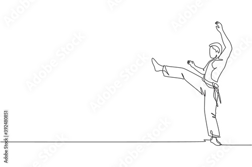 One single line drawing of young energetic man capoeira dancer perform dancing fight vector graphic illustration. Traditional martial art lifestyle sport concept. Modern continuous line draw design