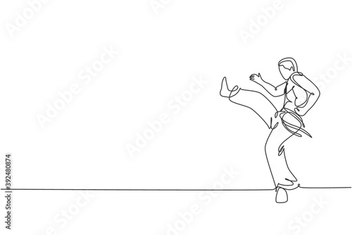Single continuous line drawing of young sportive man practice Brazilian capoeira move dance at outdoor street. Culture martial art and sport concept. Trendy one line draw design vector illustration