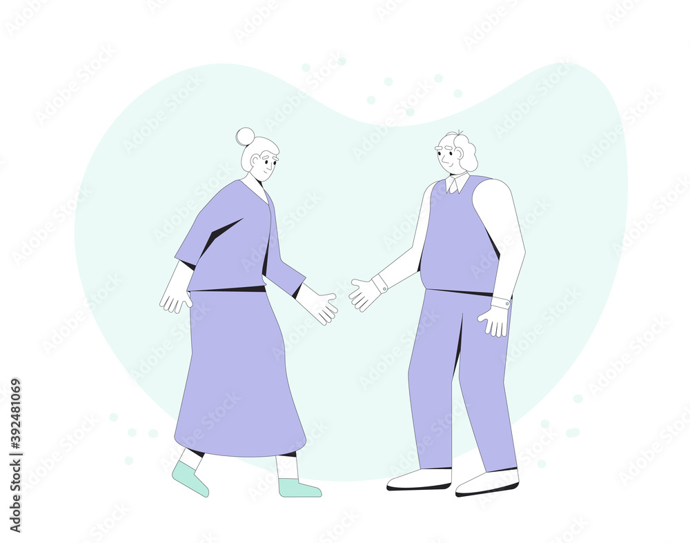 Senior couple standing together. Mature man and woman. Elderly wife and husband wearing in casual clothes. Vector line art flat illustration. Senior couple standing together. Mature man and woman. Elderly wife and husband wearing in casual clothes. Vector line art flat illustration.