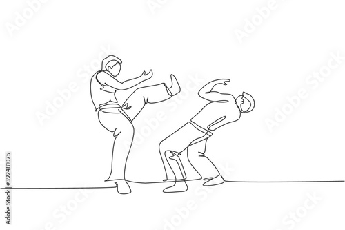 One single line drawing of two young energetic man capoeira dancers perform dancing fight vector illustration. Traditional martial art lifestyle sport concept. Modern continuous line draw design