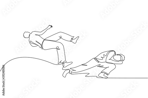 One continuous line drawing of two young sporty Brazilian fighters men training capoeira on the beach. Healthy traditional fighting sport concept. Dynamic single line draw design vector illustration