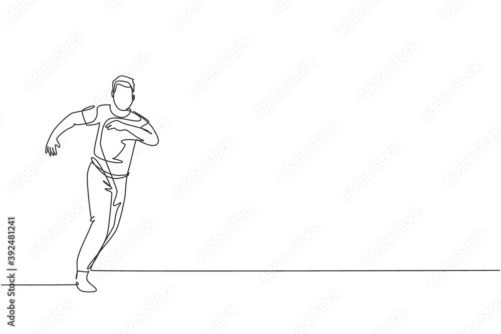 Single continuous line drawing of young sportive man practice Brazilian capoeira move dance at outdoor street. Culture martial art and sport concept. Trendy one line draw design vector illustration