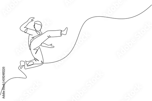 One single line drawing of young energetic man capoeira dancer perform dancing fight vector graphic illustration. Traditional martial art lifestyle sport concept. Modern continuous line draw design